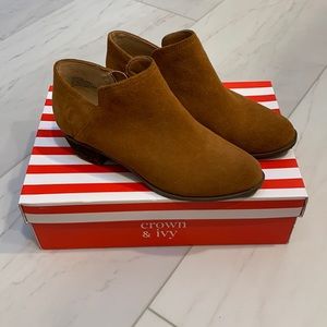 Crown and Ivy ankle cognac suede boots